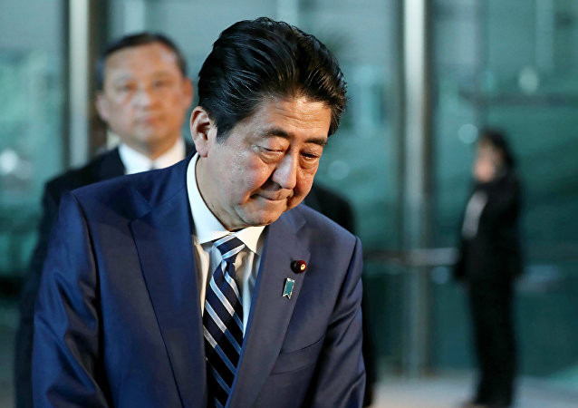 Japan's Prime Minister Shinzo Abe appears before journalists at his office in Tokyo